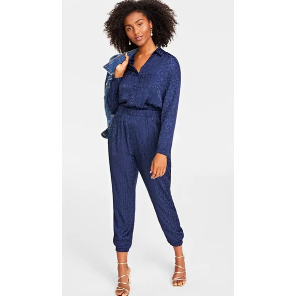 On 34th Animal-Print‎ Jacquard Jumpsuit Womens Small Blue Long Sleeve Collared